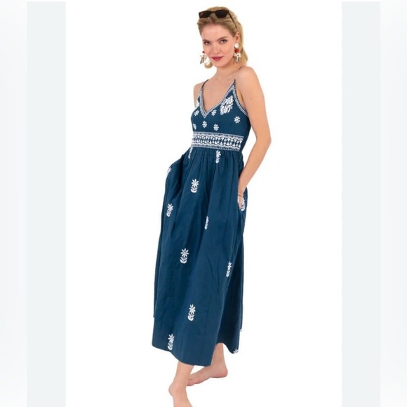 GRETCHEN SCOTT Fiesta Time smocked sundress embroidered blue white floral sz XS - Picture 1 of 14